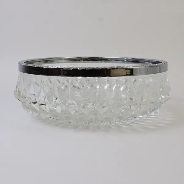 Vtg Lead Crystal Serving Bowl Deep Cut Diamond Point Silver-Plated Rim