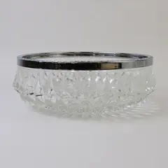 Vtg Lead Crystal Serving Bowl Deep Cut Diamond Point Silver-Plated Rim