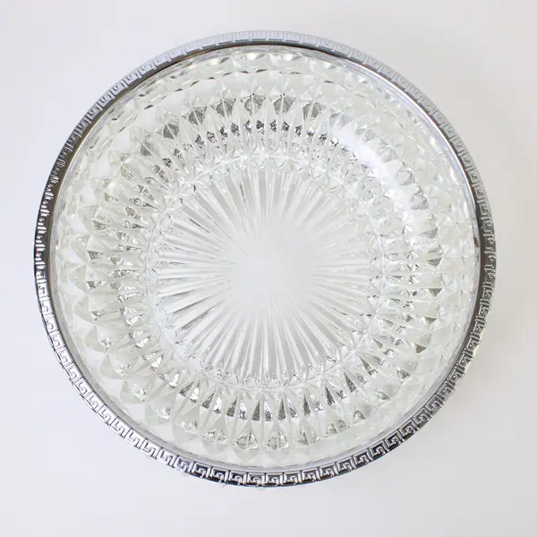 Vtg Lead Crystal Serving Bowl Deep Cut Diamond Point Silver-Plated Rim