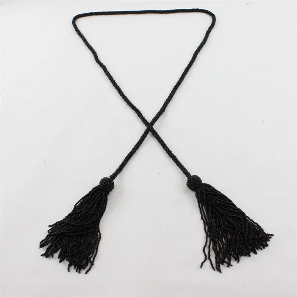 Black Glass Seed Bead Tassel Lariat Sautoir Rope Necklace 58"