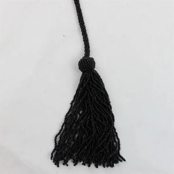 Black Glass Seed Bead Tassel Lariat Sautoir Rope Necklace 58"