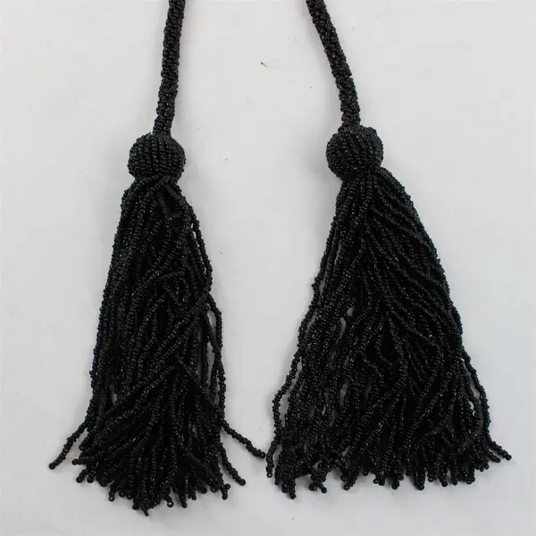Black Glass Seed Bead Tassel Lariat Sautoir Rope Necklace 58"