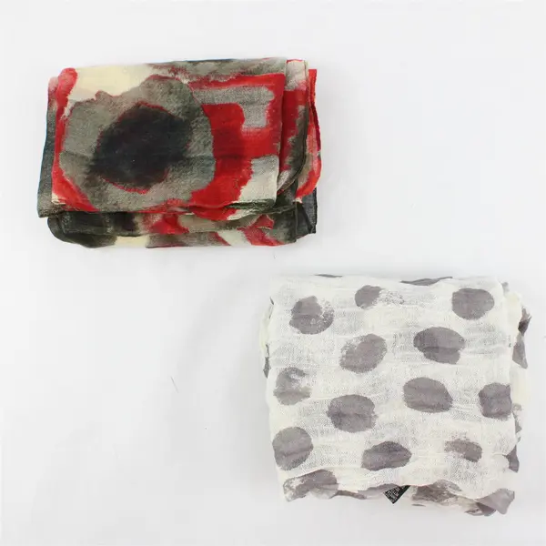 Lot of 2 Sheer Spotted Polka Dot Scarves Gray Red & Off-White