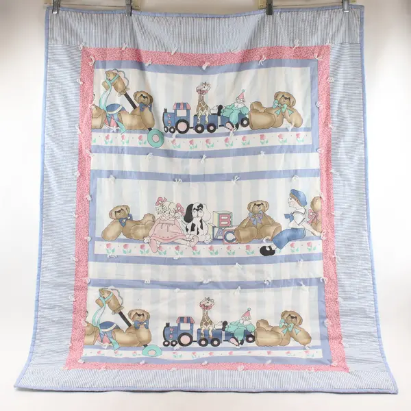 Handmade Quilt Blue & Pink Teddy Bear Pattern Baby Throw Blanket 38" x 47"