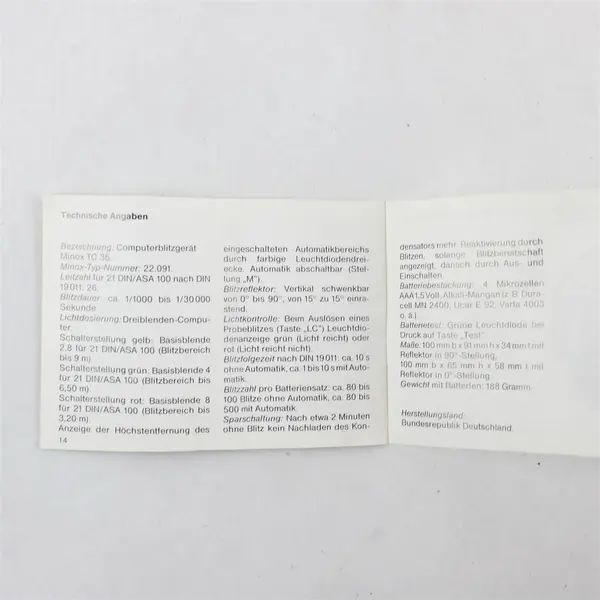 Minox TC35 Flash Unit Instruction Manual German - Used, Warped