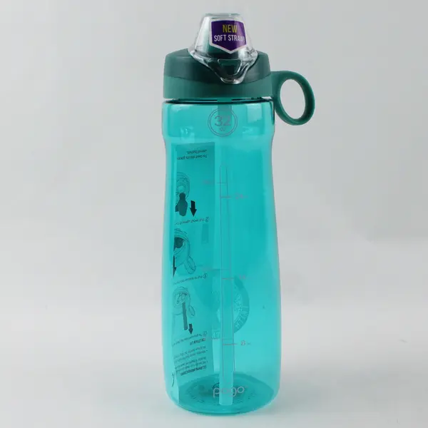 Pogo Blue Clear Plastic Water Bottle Active chug Tritan & Straw 32 Oz 10.5" Tall