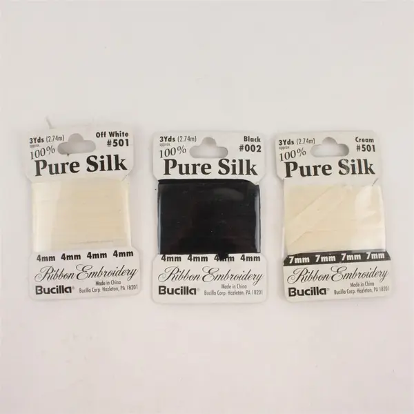 Lot of 3 Bucilla Pure Silk Ribbon Embroidery & 3 Unbranded Ribbons On Card 