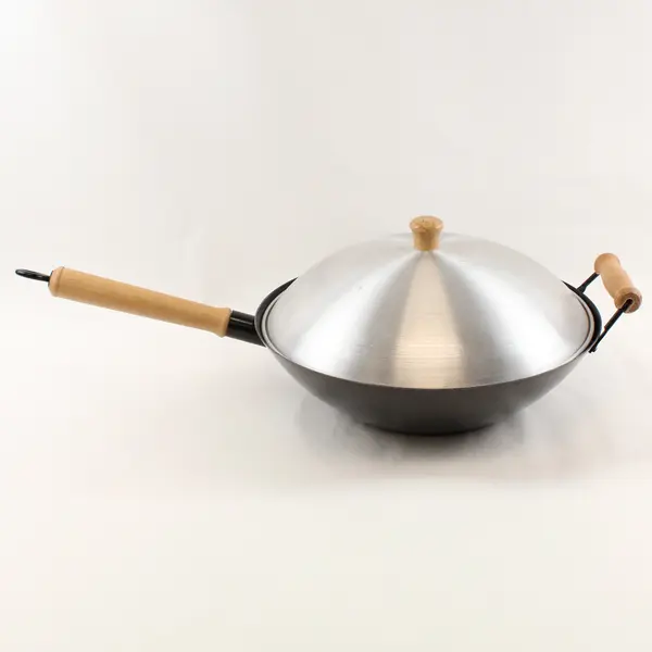 Lot Of 2 Unbranded Carbon Steel Wok Cooking Pan 14" Diameter With Stainless Lid 