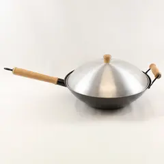 Lot Of 2 Unbranded Carbon Steel Wok Cooking Pan 14" Diameter With Stainless Lid 