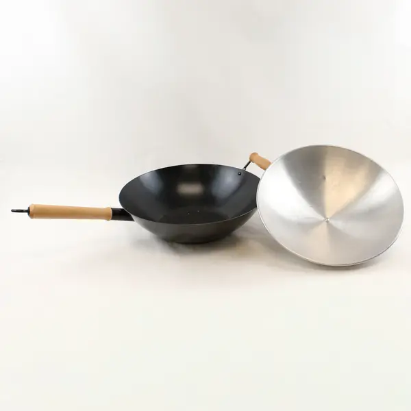Lot Of 2 Unbranded Carbon Steel Wok Cooking Pan 14" Diameter With Stainless Lid 