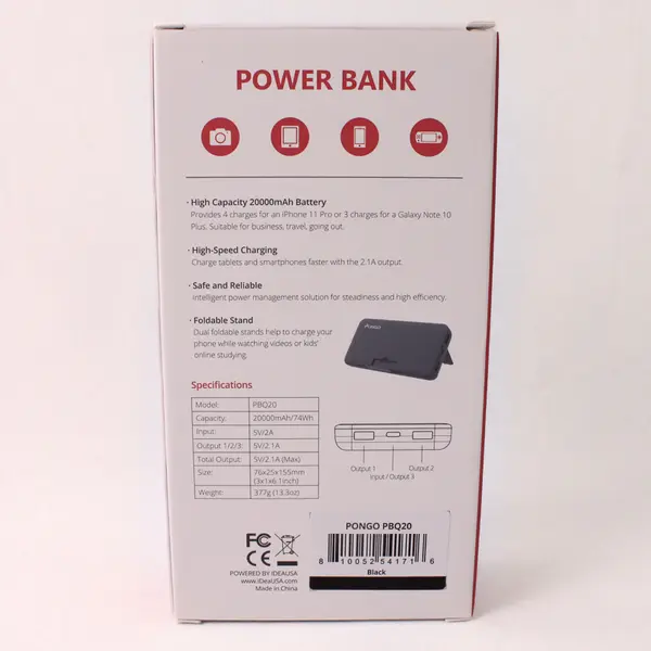 Pongo Solid Black Color Portable Power Bank 20000mAh Model PBQ20 (Tested/Works)