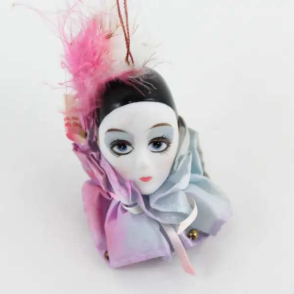 Vintage Pierrot Ceramic Ornament Harlequin Doll Head w/Ruffle & Headpiece