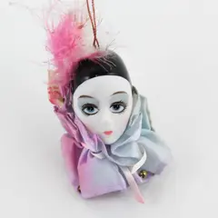 Vintage Pierrot Ceramic Ornament Harlequin Doll Head w/Ruffle & Headpiece