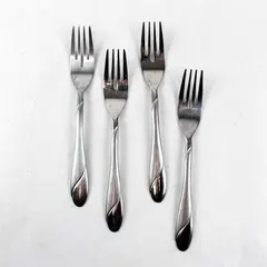 Four Stainless Swirl Sand Salad Forks by Cambridge. Made in China.