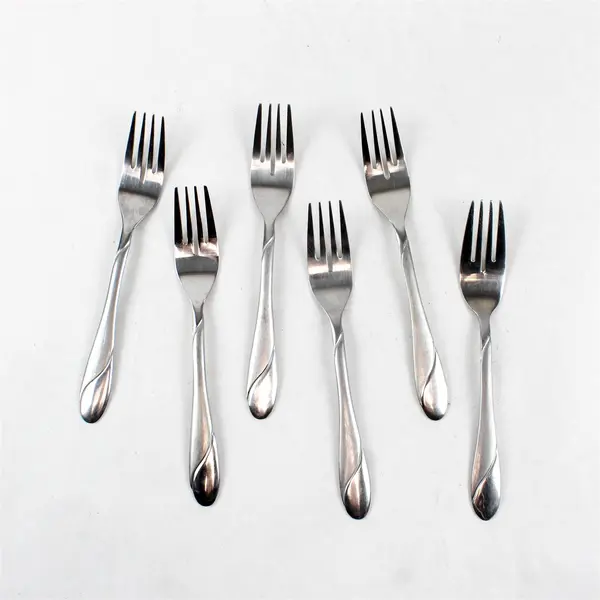 Six Stainless Swirl Sand Salad Forks by Cambridge. Made in China.