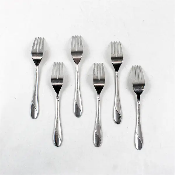 Six Stainless Swirl Sand Salad Forks by Cambridge. Made in China.