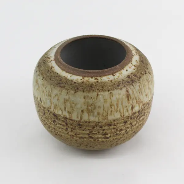 Handcrafted Beige And Brown Speckled Round Vase Signed