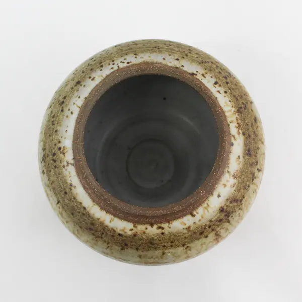 Handcrafted Beige And Brown Speckled Round Vase Signed