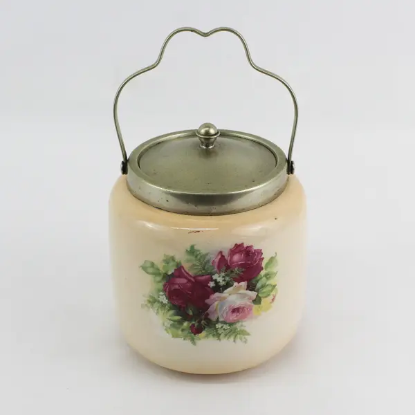 Antique L & Sons England Rose Biscuit Jar with Silver Plate Lid Handle 