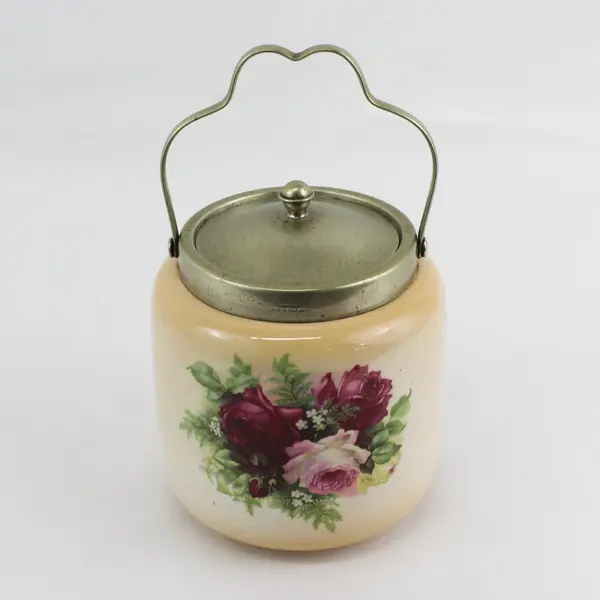 Antique L & Sons England Rose Biscuit Jar with Silver Plate Lid Handle 