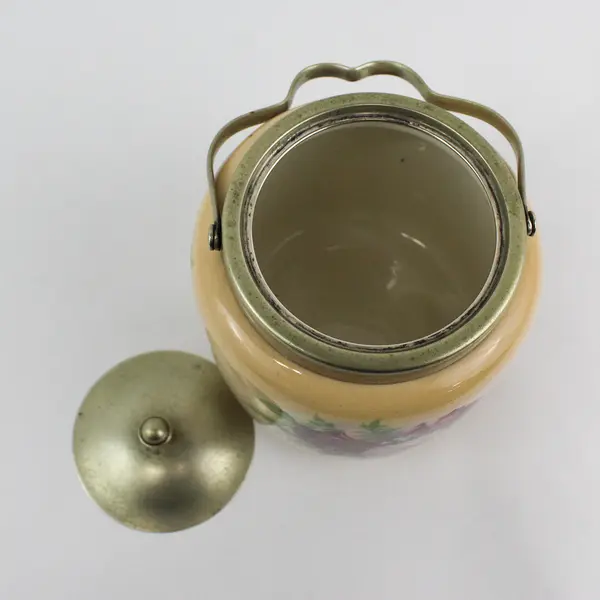 Antique L & Sons England Rose Biscuit Jar with Silver Plate Lid Handle 