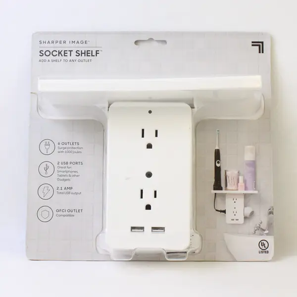 Sharper Image Brand White Socket Shelf 6 Outlets & 2 USB Ports Model 00609