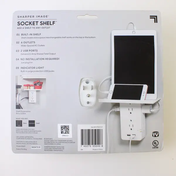 Sharper Image Brand White Socket Shelf 6 Outlets & 2 USB Ports Model 00609