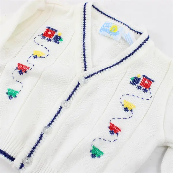 VTG Lil' LaMonsters Train Cross Stitch White Cardigan Baby's Size 6/9 Months