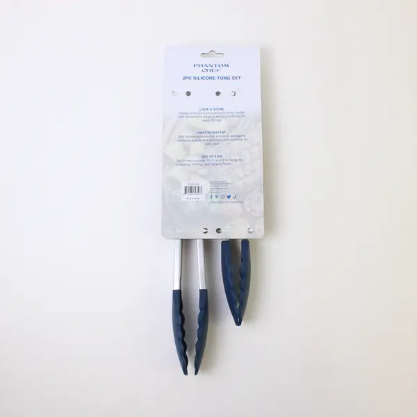 Set Of 2 Phantom Chef Blue & Silver Silicone Tong Set Kitchen Utensils 13" & 11"