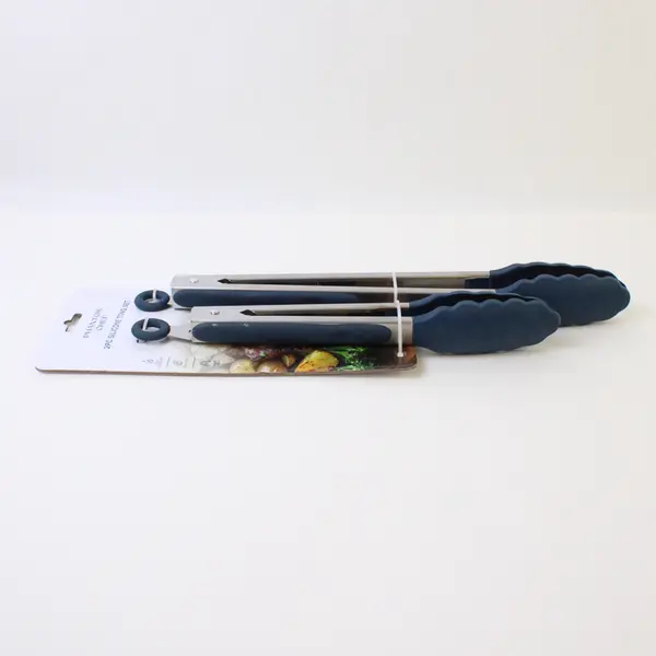 Set Of 2 Phantom Chef Blue & Silver Silicone Tong Set Kitchen Utensils 13" & 11"