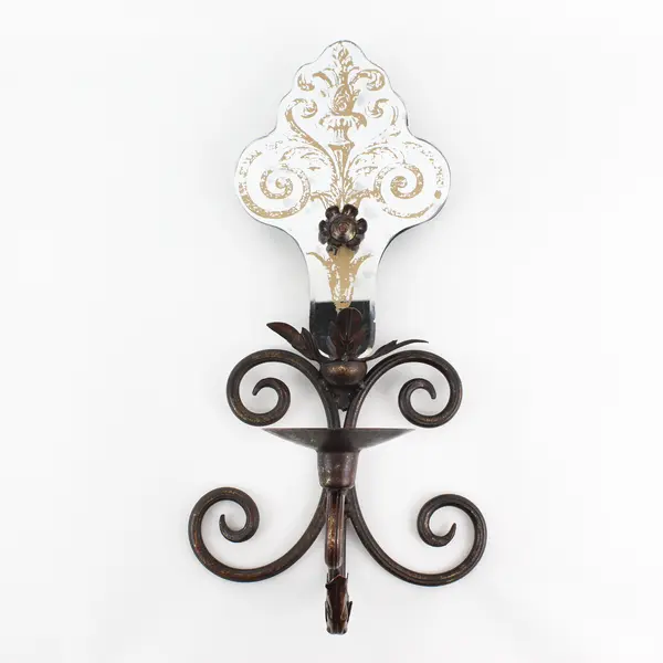 Vintage Mirrored Bronze Fleur De Lis Wrought Iron Pillar Candle Wall Sconce