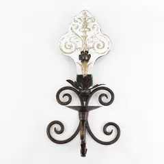 Vintage Mirrored Bronze Fleur De Lis Wrought Iron Pillar Candle Wall Sconce
