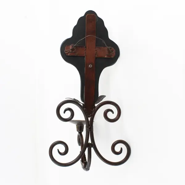 Vintage Mirrored Bronze Fleur De Lis Wrought Iron Pillar Candle Wall Sconce