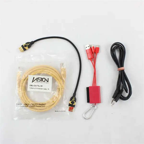 Lot of 4 Cables: 3-in-1 Keychain, USB Shorty, 3.5mm Aux, 7ft Ethernet