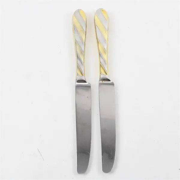 Lot of 2 Retroneu Diagonal Gold Stainless Steel Dinner Knives 9"