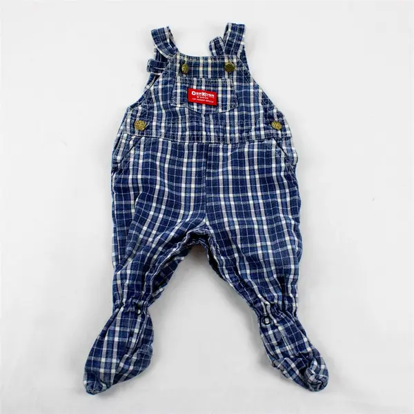 OshKosh B'Gosh Blue and White Plaid Denim Overalls Baby's Size 3/6 Mos Flawed