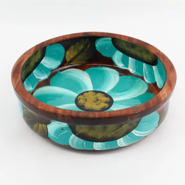 Hand Crafted And Hand Painted Decorative Teal Floral Mesquite Wooden Bowl Mexico