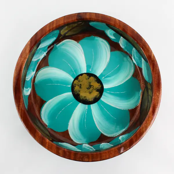 Hand Crafted And Hand Painted Decorative Teal Floral Mesquite Wooden Bowl Mexico