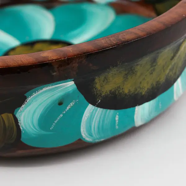 Hand Crafted And Hand Painted Decorative Teal Floral Mesquite Wooden Bowl Mexico