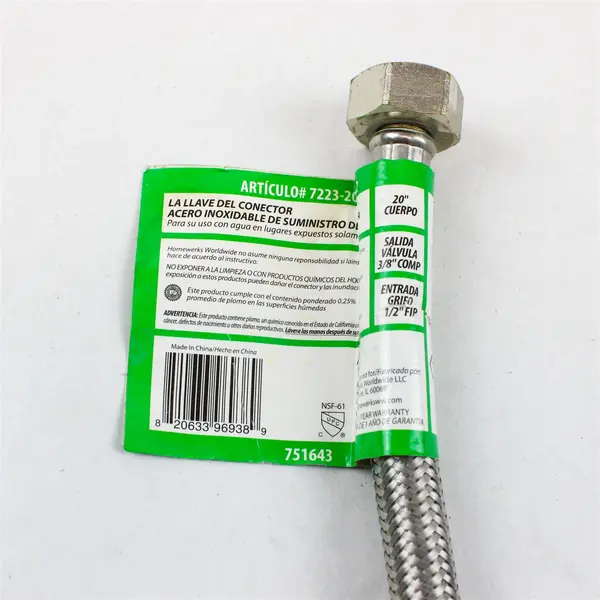 Stainless Steel Faucet Connector 3/8" Compression x 1/2" FIP 20" Flexible