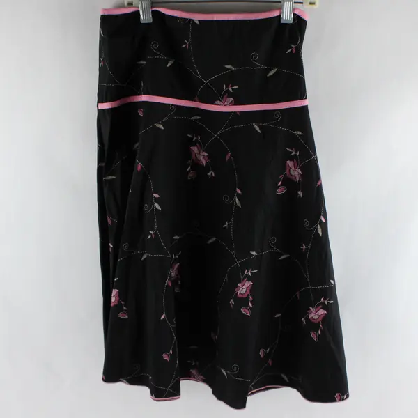 JKLA California Pink Floral Pattern Black Midi Skirt Women's Medium