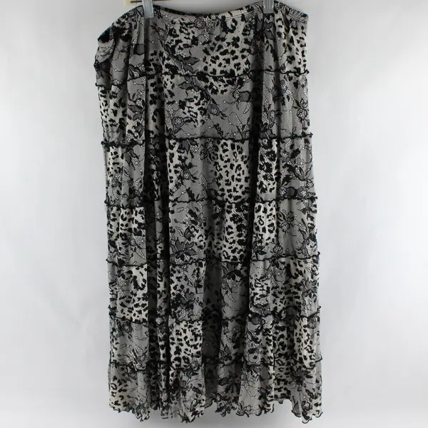Style & Co. Black and Off-White Floral and Leopard Print Midi Skirt Women's Med