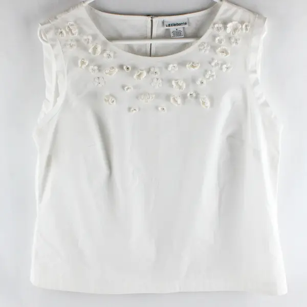 Liz Claiborne Floral Detail White Cotton Sleeveless Top Women's Medium