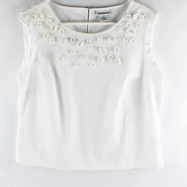Liz Claiborne Floral Detail White Cotton Sleeveless Top Women's Medium