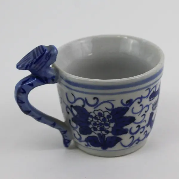 Antique Yongzheng Qing Dynasty Blue And White Chinoiserie Mug W/ Dragon Handle