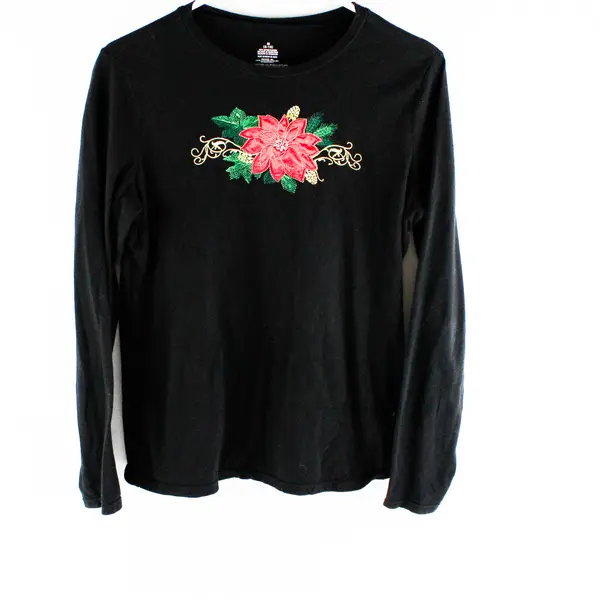 BCTC Poinsettia Applique Black Long-Sleeved Shirt Women's Med 8-10
