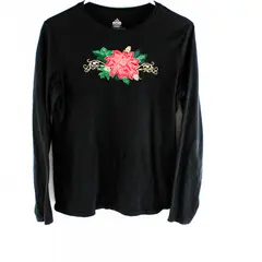 BCTC Poinsettia Applique Black Long-Sleeved Shirt Women's Med 8-10
