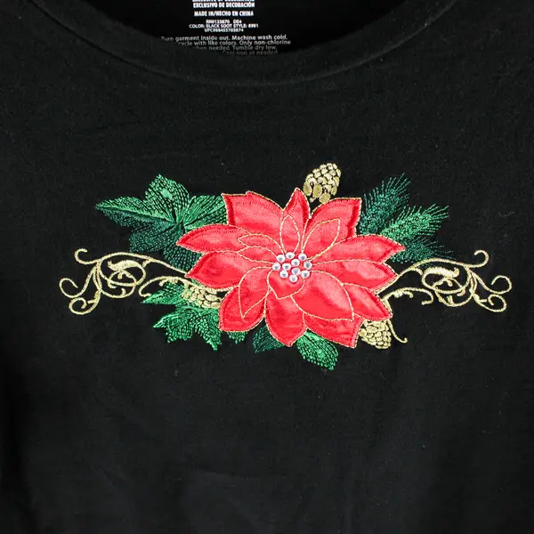 BCTC Poinsettia Applique Black Long-Sleeved Shirt Women's Med 8-10