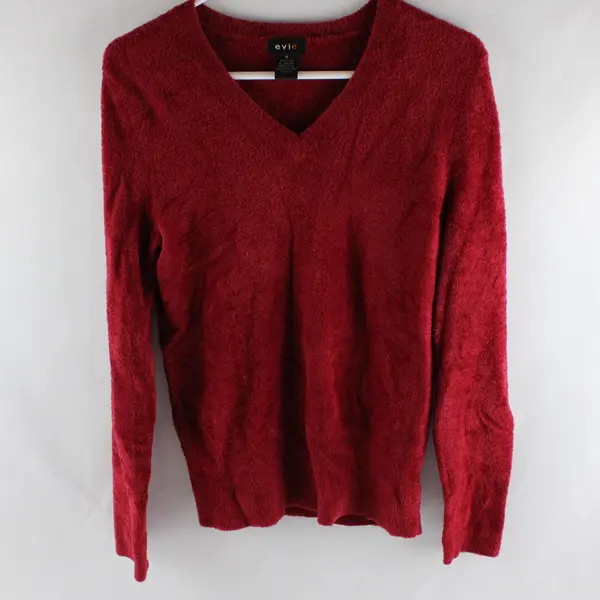 Evie Red Fuzzy V-Neck Pullover Sweater Women's Medium