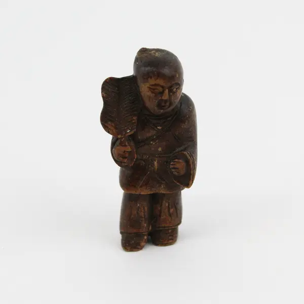 Hand Carved Wood Asian Miniature Male Holding A Feather Or Fan